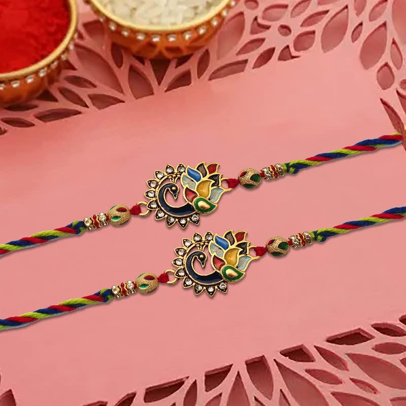 Colorful rakhi bracelets with intricate gold and silver beads, a traditional symbol of sibling love in India.