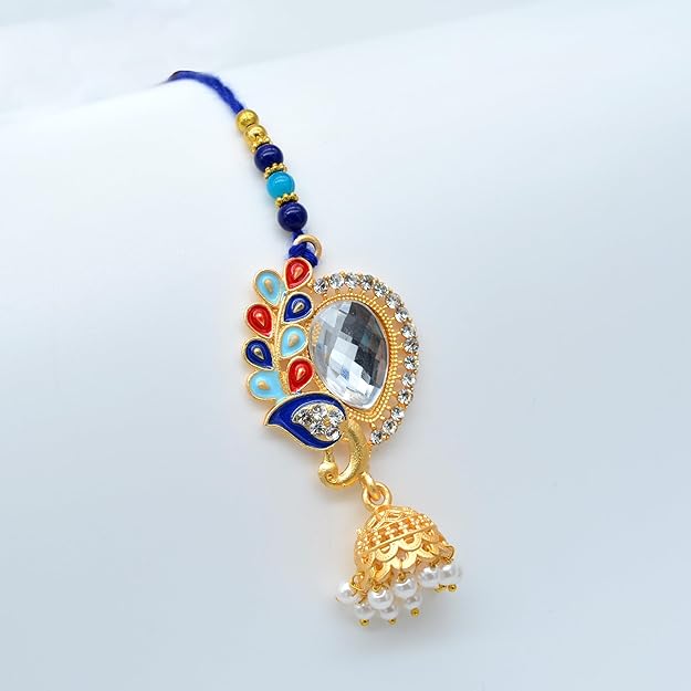 Blue and gold beaded rakhi set for Bhaiya Bhabhi Rakhi festival.