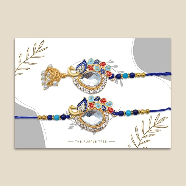 Blue and gold beaded rakhi pair for Bhaiya Bhabhi Rakhi festival.