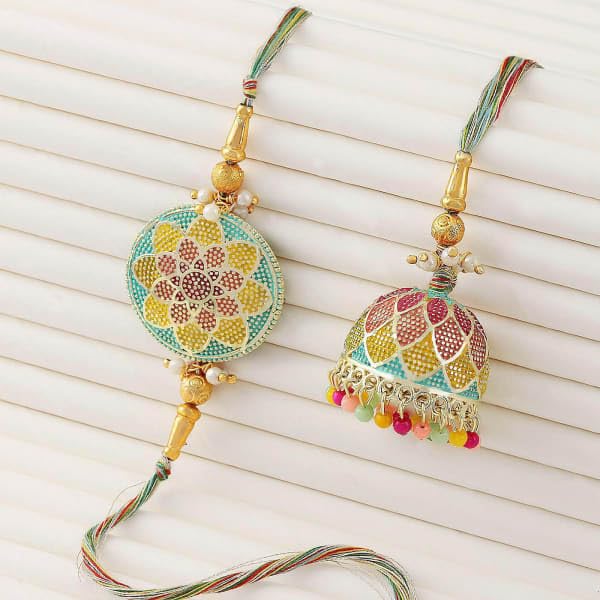 Colorful rakhi's featuring decorative beads and strings.