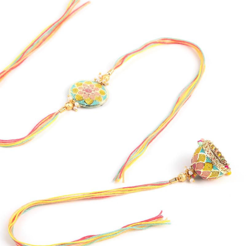 Colorful rakhi with intricate bead designs, representing the special bond between brothers and sisters.