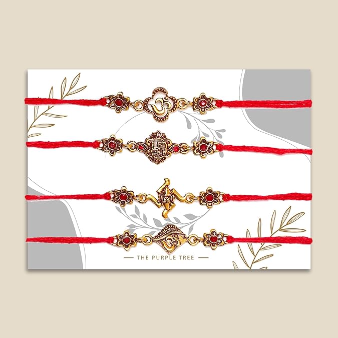 Rakhi set featuring four intricately designed pieces with gold and red beads, ideal for Raksha Bandhan.