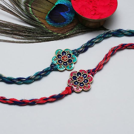 Vibrant rakhi bands featuring intricate floral patterns, ideal for Raksha Bandhan.