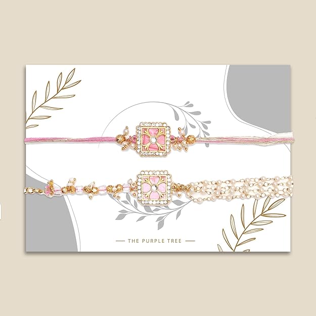 Beautiful pink rakhi's adorned with gold and pearl beads, ideal for Raksha Bandhan.