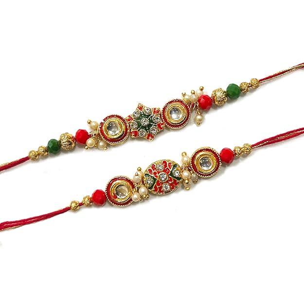 Traditional red and green rakhi with beads, a symbol of love and protection between siblings.