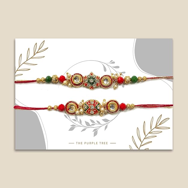 Vibrant red and green rakhi with beads, a traditional symbol of sibling love and unity.