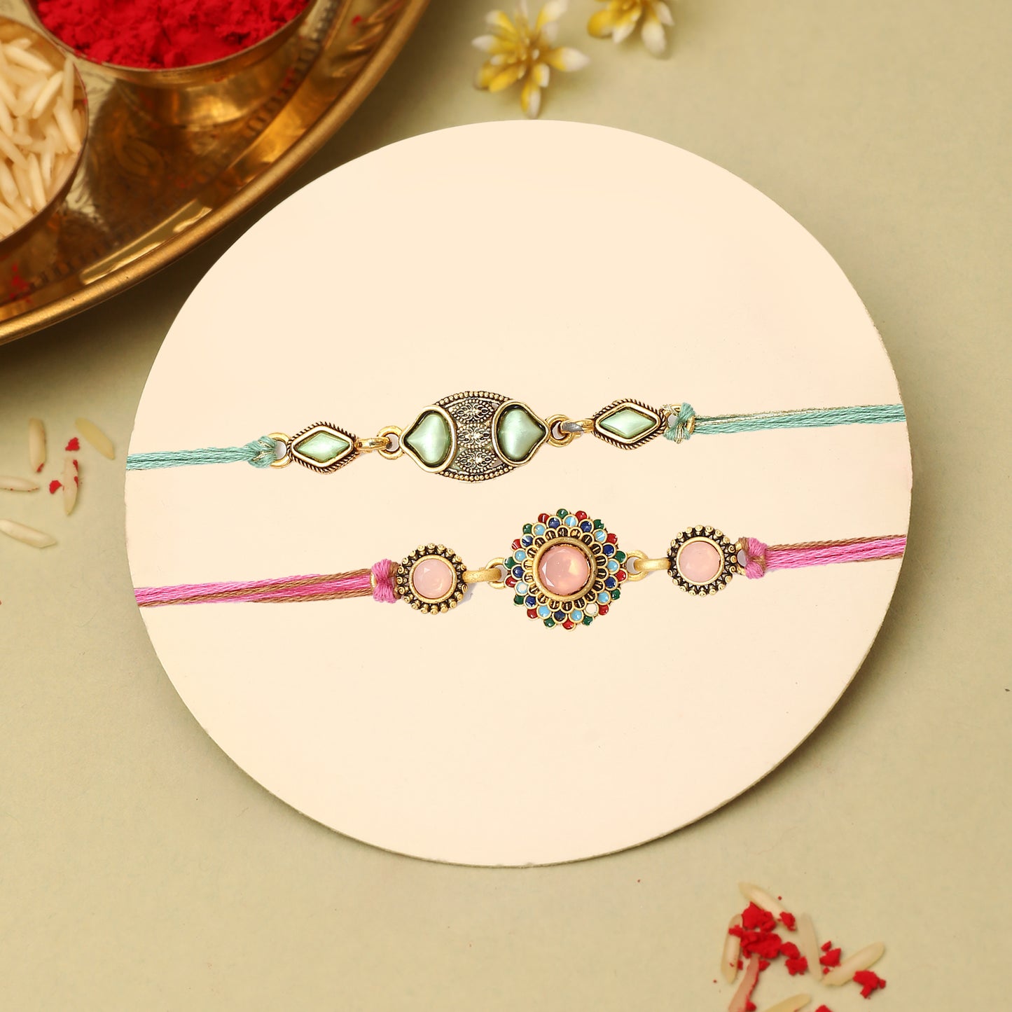 Pink and Green Meenakri Kundan Rakhi