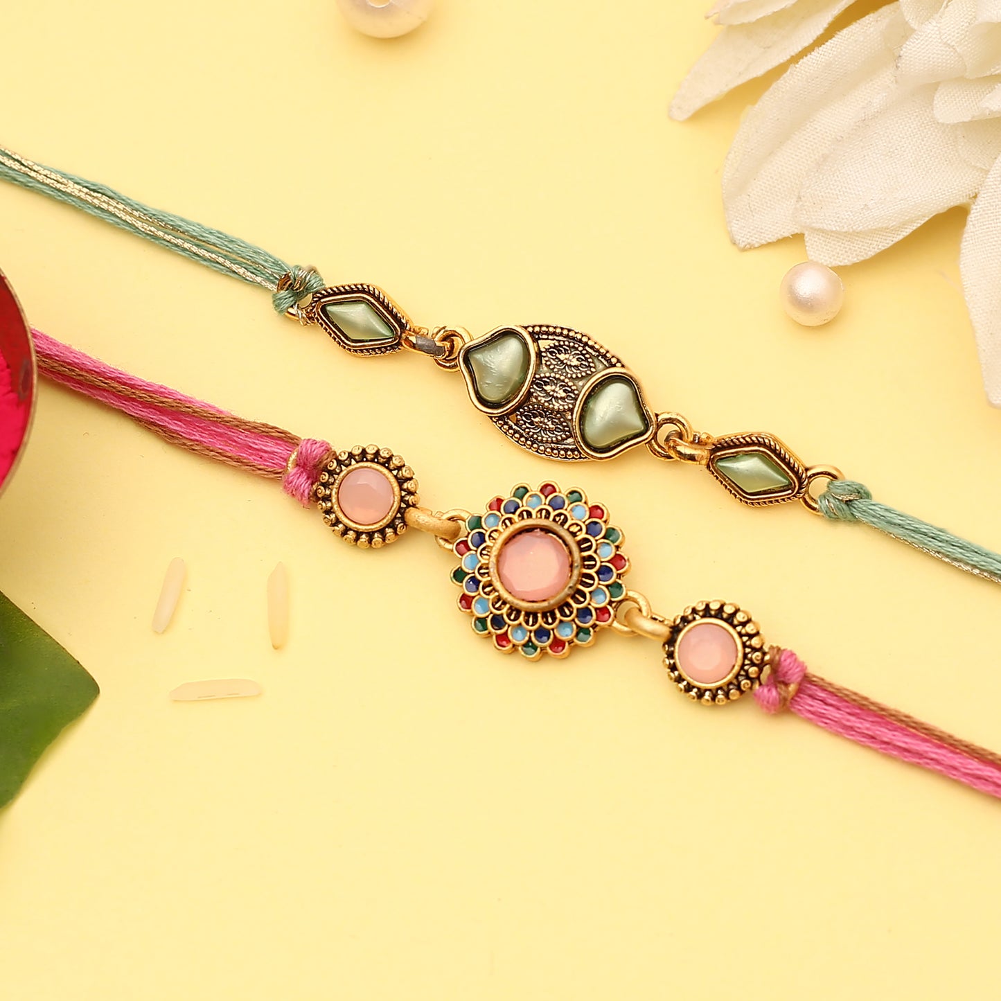 Pink and Green Meenakri Kundan Rakhi
