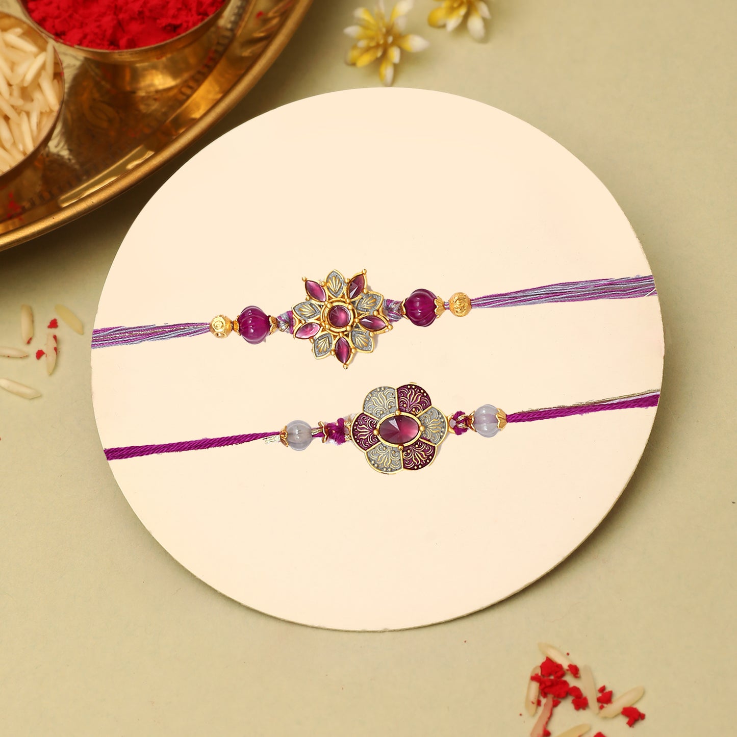 Purple Floral Kundan Rakhi
