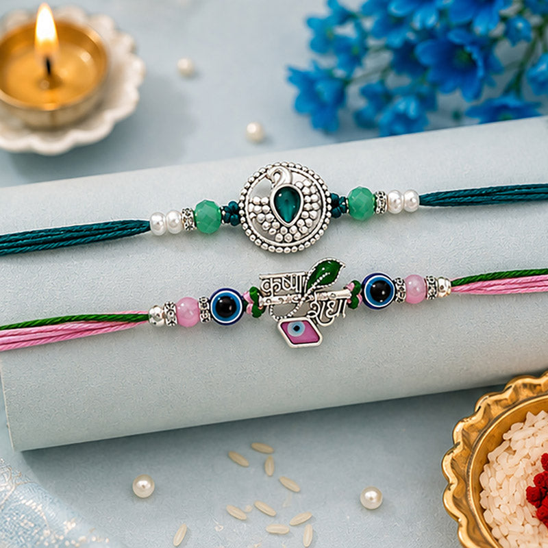 Peacock & Krishna Rakhis with Evil Eye Beads