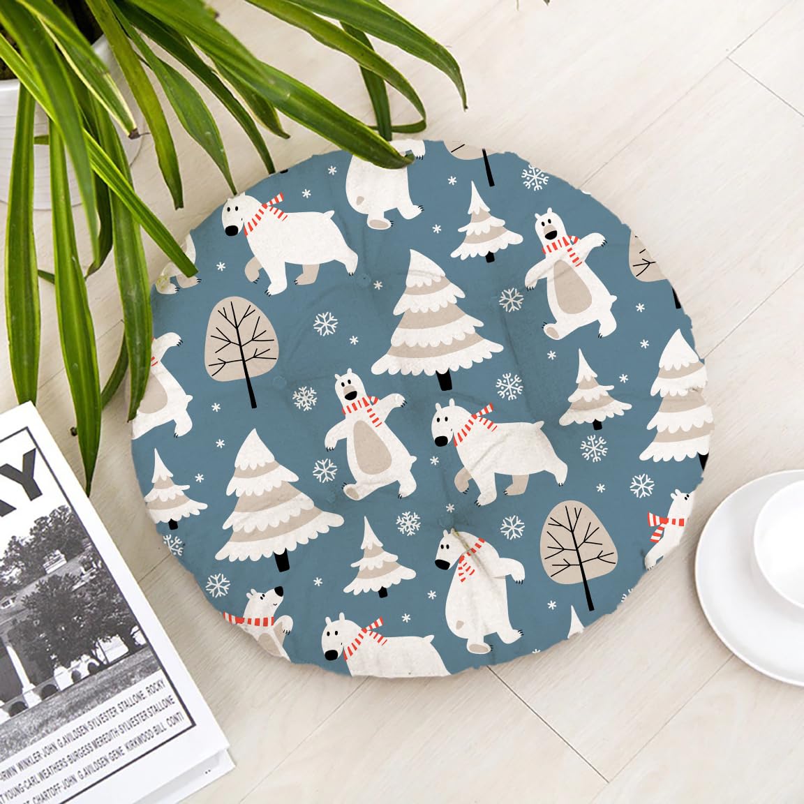 Round floor mat featuring polar bears and trees in a whimsical design.