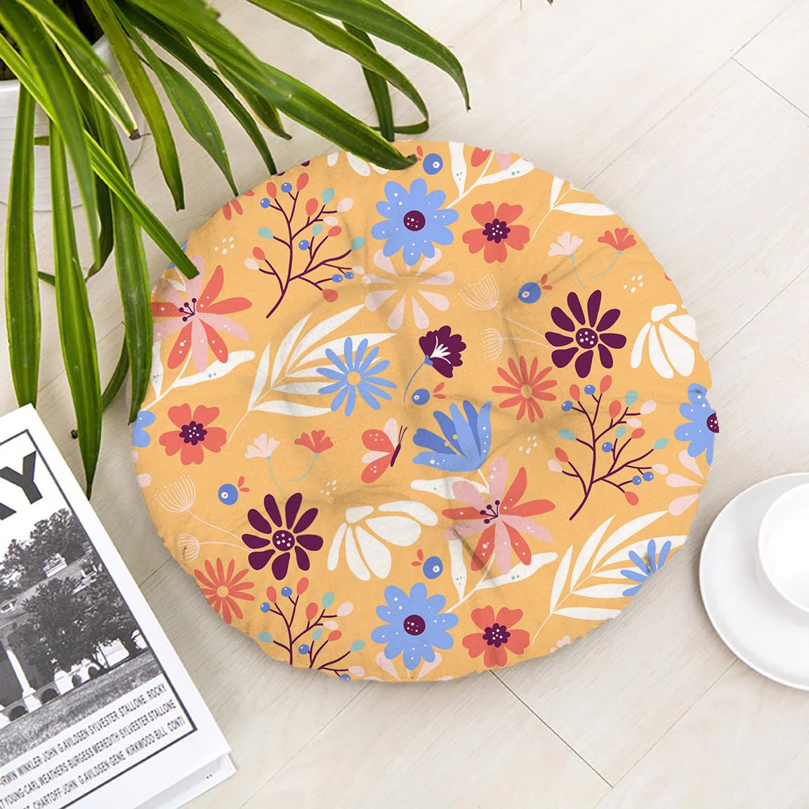Yellow Floral Printed Round Chair Cushion