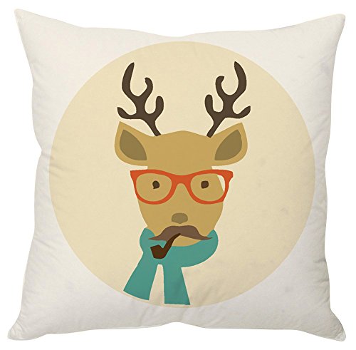 A whimsical pillow featuring a deer adorned with glasses and a stylish scarf, adding charm to any decor.