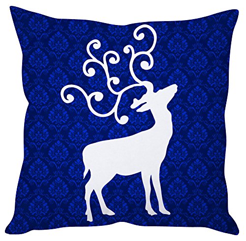 A blue and white pillow featuring a silhouette of a deer, adding a touch of nature-inspired decor.