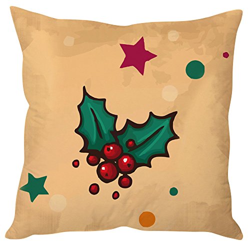 A decorative pillow featuring vibrant holly berries and twinkling stars, perfect for adding a festive touch to any space.