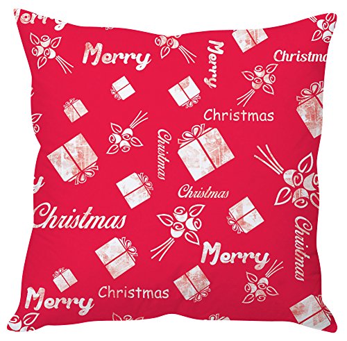 A red Christmas pillow featuring white text, surrounded by colorful presents, creating a festive holiday atmosphere.