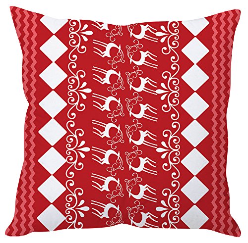 A red and white pillow featuring a decorative pattern of horses, adding a touch of elegance to any space.