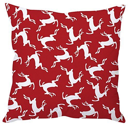 A decorative red and white pillow featuring a deer design, adding a rustic touch to home decor.