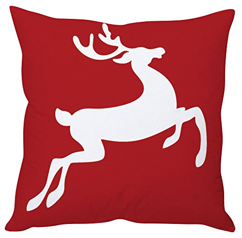 A red and white cushion featuring a white reindeer design, adding a festive touch to any decor.