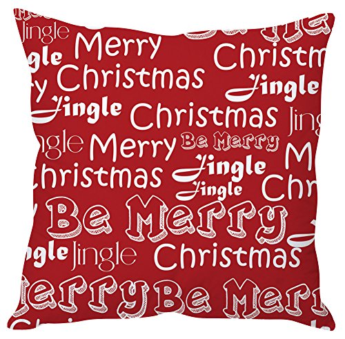 A cozy red pillow featuring festive Christmas words, perfect for holiday decor and adding cheer to any space.