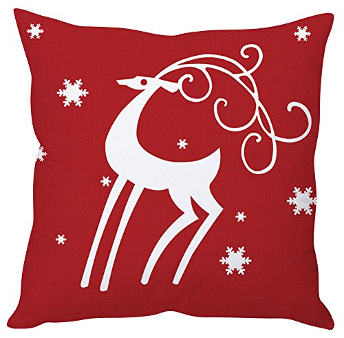 A cozy red and white pillow featuring a charming white deer design, perfect for adding a touch of nature to your decor.