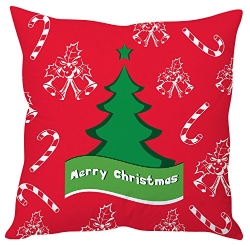 A cozy red Christmas pillow featuring a festive tree and cheerful candy canes, perfect for holiday decor.