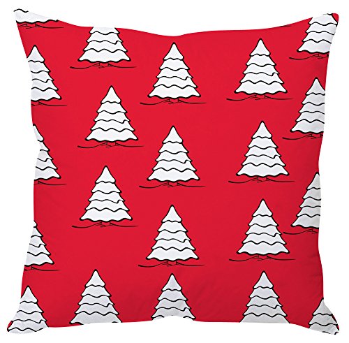 A red pillow featuring white tree patterns, adding a vibrant touch to any decor.