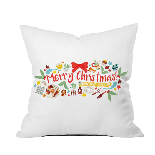 A festive throw pillow featuring "Merry Christmas" design, perfect for holiday home decor from the artist's shop.