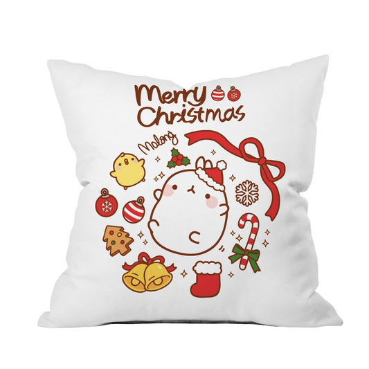 A festive throw pillow featuring a kawaii cat design with a cheerful "Merry Christmas" message.
