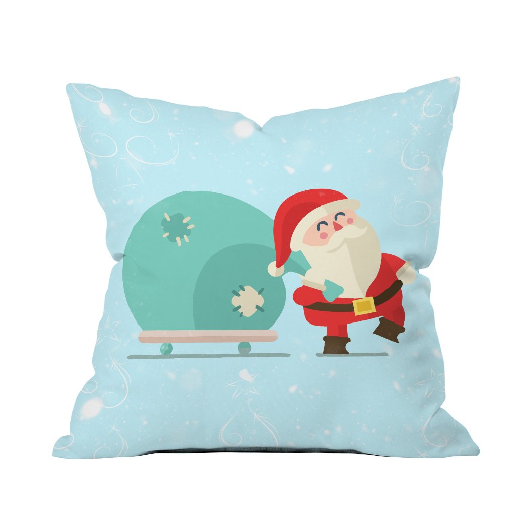 Santa Claus pillow featuring a cheerful design against a vibrant blue background, perfect for holiday decor.