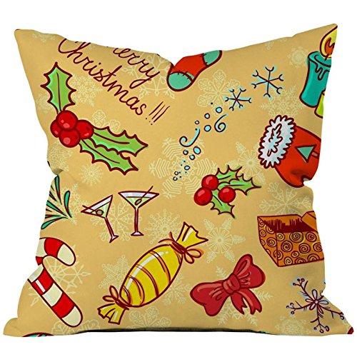 A decorative pillow adorned with various Christmas-themed items, including ornaments and festive patterns.