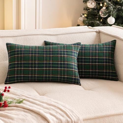 Two green plaid pillows with contrasting black and white stripes, adding a stylish touch to any cozy space.