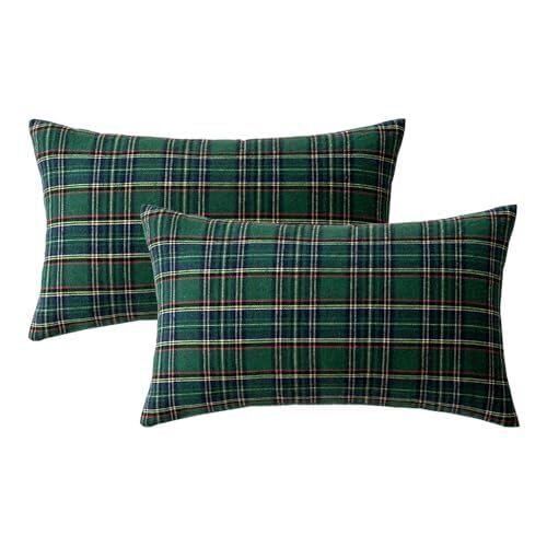 A pair of green plaid pillows featuring bold black and white stripes, perfect for enhancing your home decor.