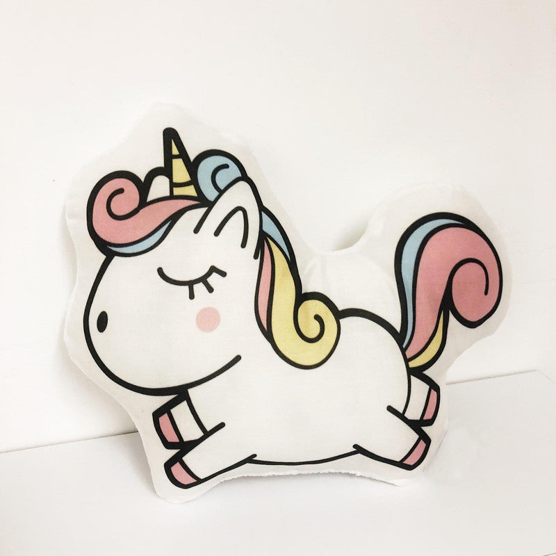 A cute unicorn pillow with a pink and blue tail, perfect for adding a touch of magic to any room!