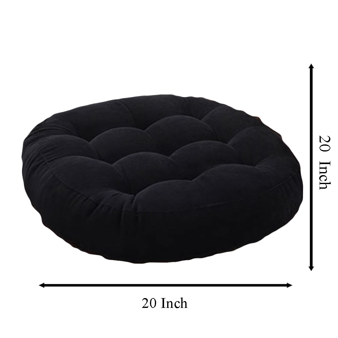 Round cushion with measurements: 20-inch diameter, 20-inch thickness, made of soft velvet fabric.