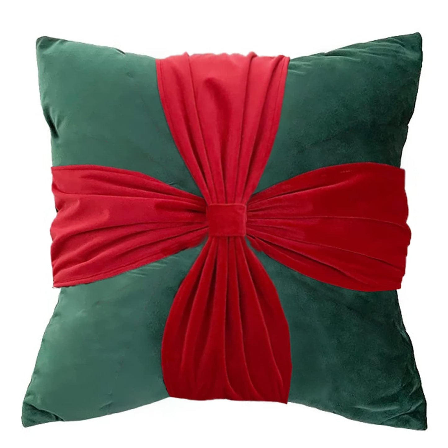 A festive green and red pillow with a red bow, perfect for adding a touch of holiday cheer to your home decor.