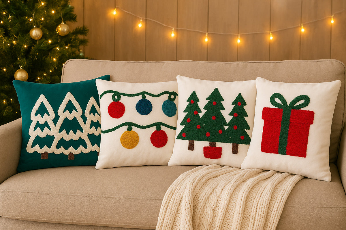 Decorative Christmas pillows on a couch with a festive background