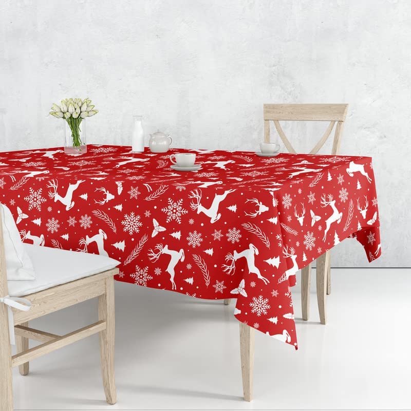 A festive Christmas tablecloth adorned with reindeer and snowflakes, perfect for adding holiday cheer to your dining table.