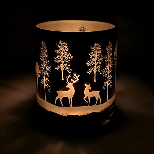Glass candles adorned with charming deer and tree illustrations, great for a festive atmosphere.