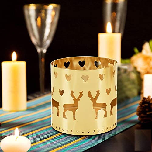 hree elegant gold tea lights adorned with merry Christmas motifs, great for bringing holiday cheer to any room.
