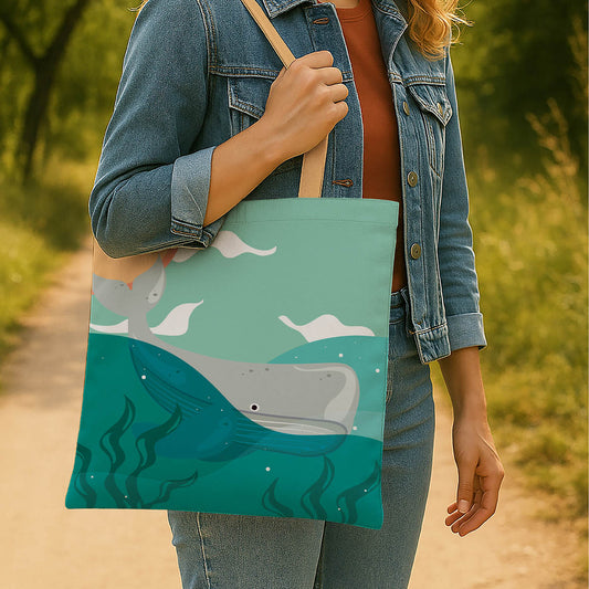 A tote bag adorned with a whale and a sun, representing a cheerful maritime scene.