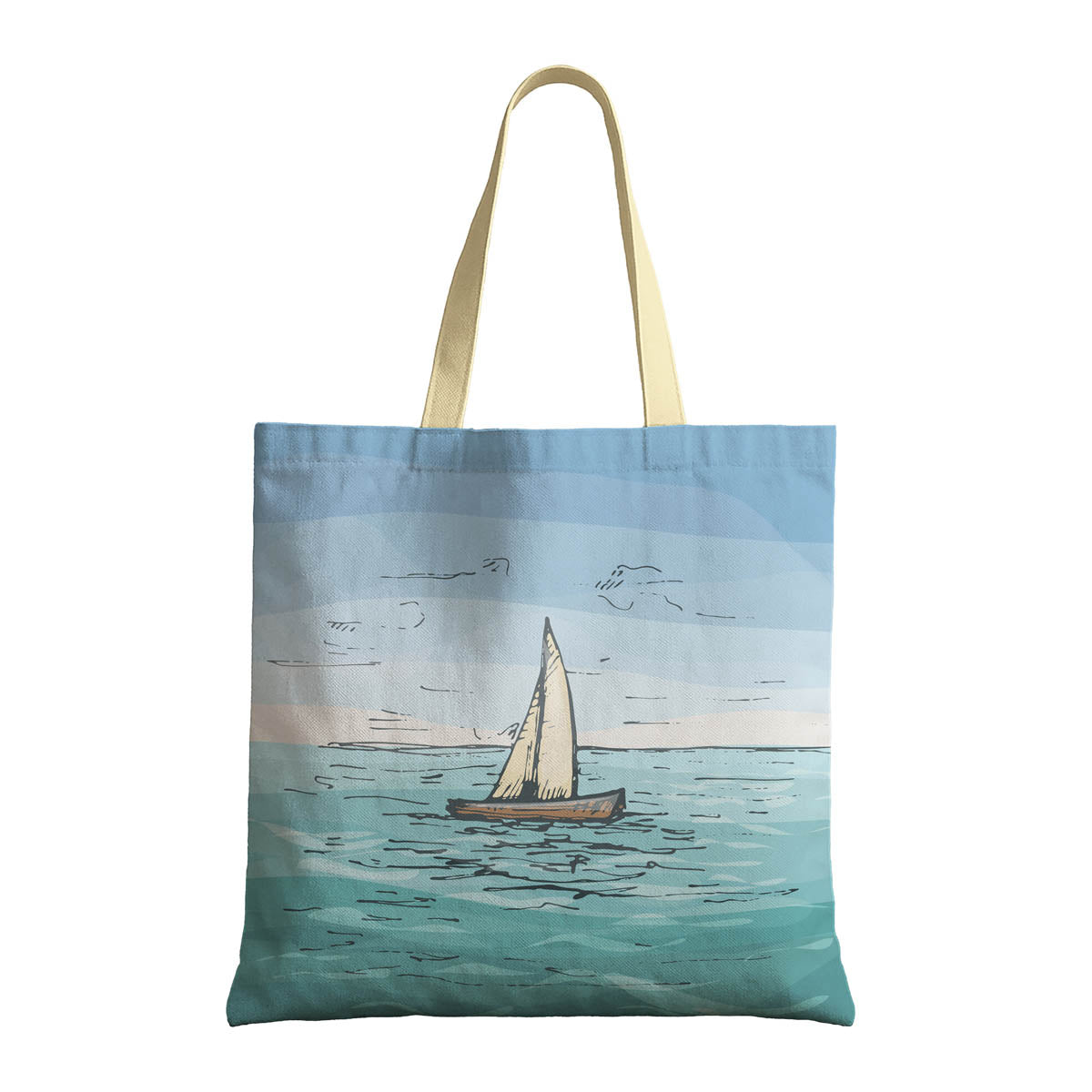 A tote bag adorned with an image of a sailboat on the ocean, reflecting a serene and picturesque seascape.