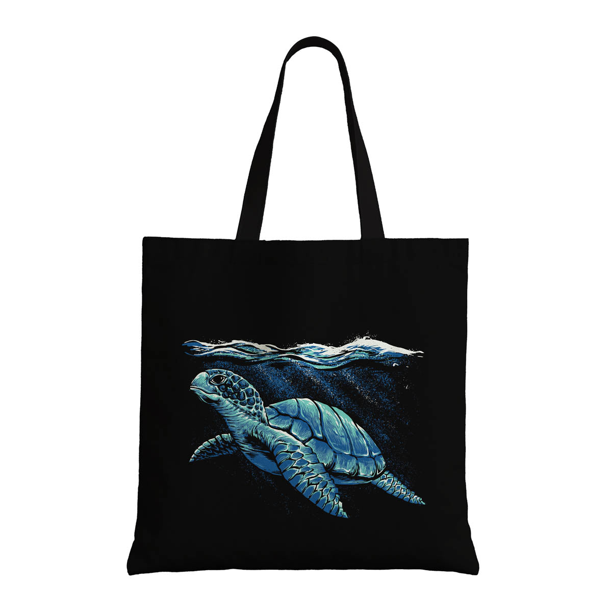 A black tote bag with a vibrant depiction of a sea turtle navigating the ocean.