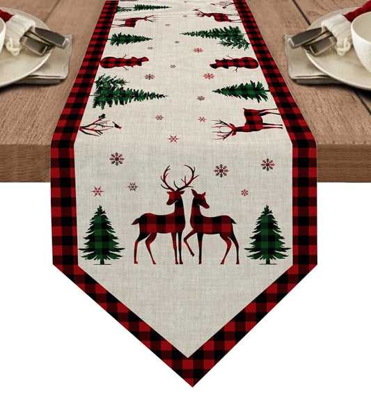 A table runner featuring elegant deer and pine trees, perfect for enhancing rustic or nature-themed decor.