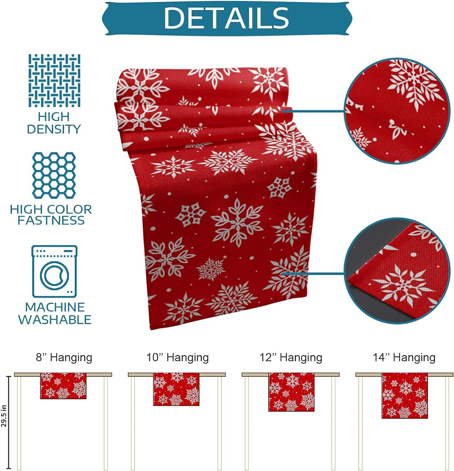 A table featuring a red runner alongside a chair with a white snowflake pattern for a festive look.
