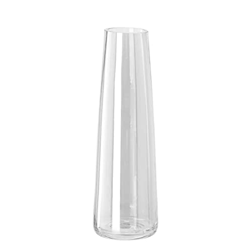 Transparent vase with a long neck against a white backdrop.
