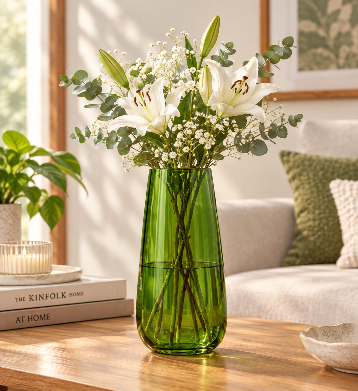 Olive Green Crystal Glass Flower Vase