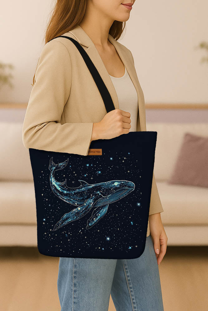 A stylish tote bag adorned with a whale and star pattern, perfect for casual outings.