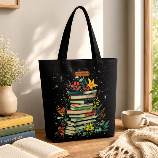 Midnight Library Wide Tote Bags