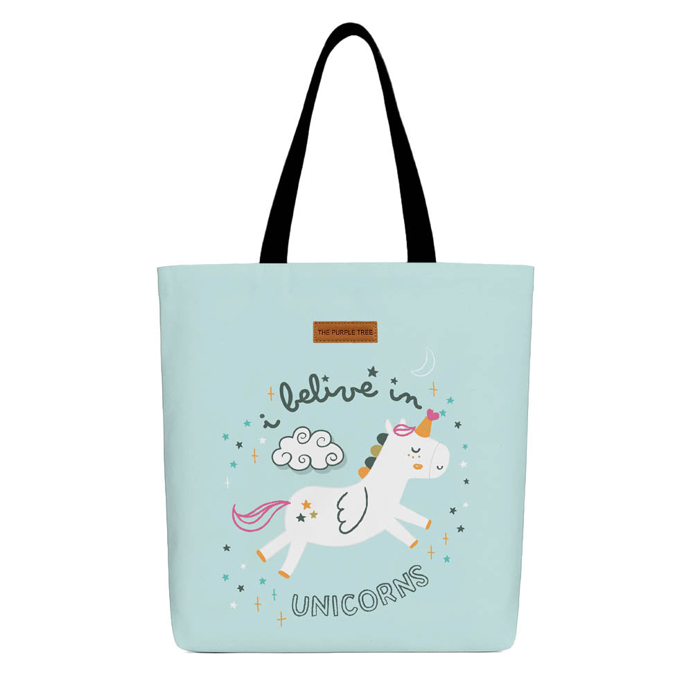Cotton tote bag featuring a colorful unicorn design on the front.